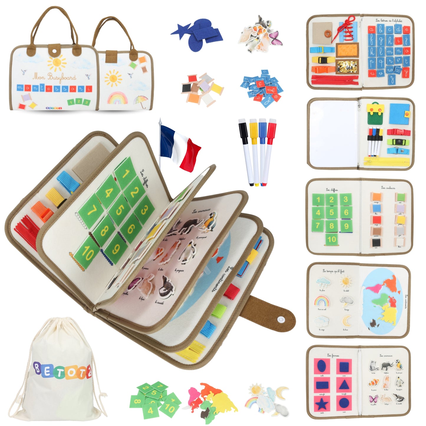 BusyBoard Montessori BETOTZ® – Livre d'Activités Éducatif 10 Pages – Éveil Sensoriel & Autonomie – 2 à 6 Ans – Compagnon de Voyage Silencieux