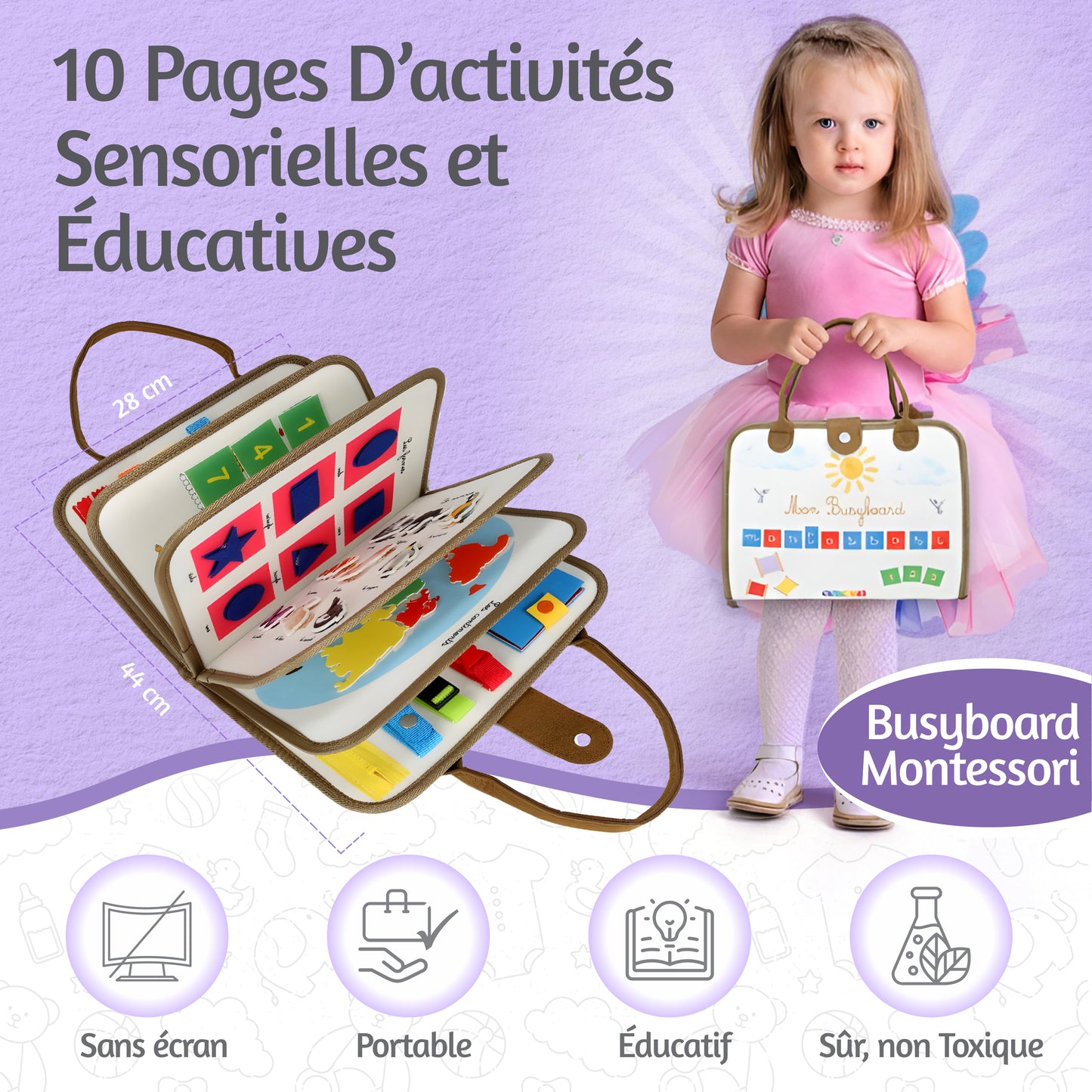 BusyBoard Montessori BETOTZ® – Livre d'Activités Éducatif 10 Pages – Éveil Sensoriel & Autonomie – 2 à 6 Ans – Compagnon de Voyage Silencieux