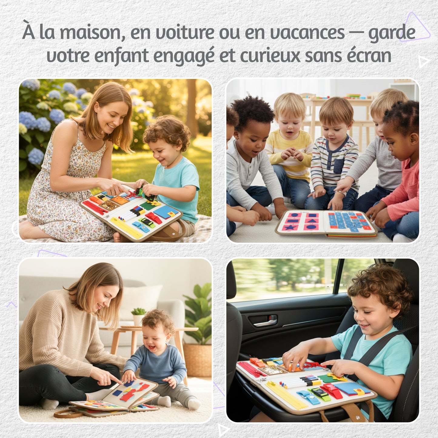 BusyBoard Montessori BETOTZ® – Livre d'Activités Éducatif 10 Pages – Éveil Sensoriel & Autonomie – 2 à 6 Ans – Compagnon de Voyage Silencieux