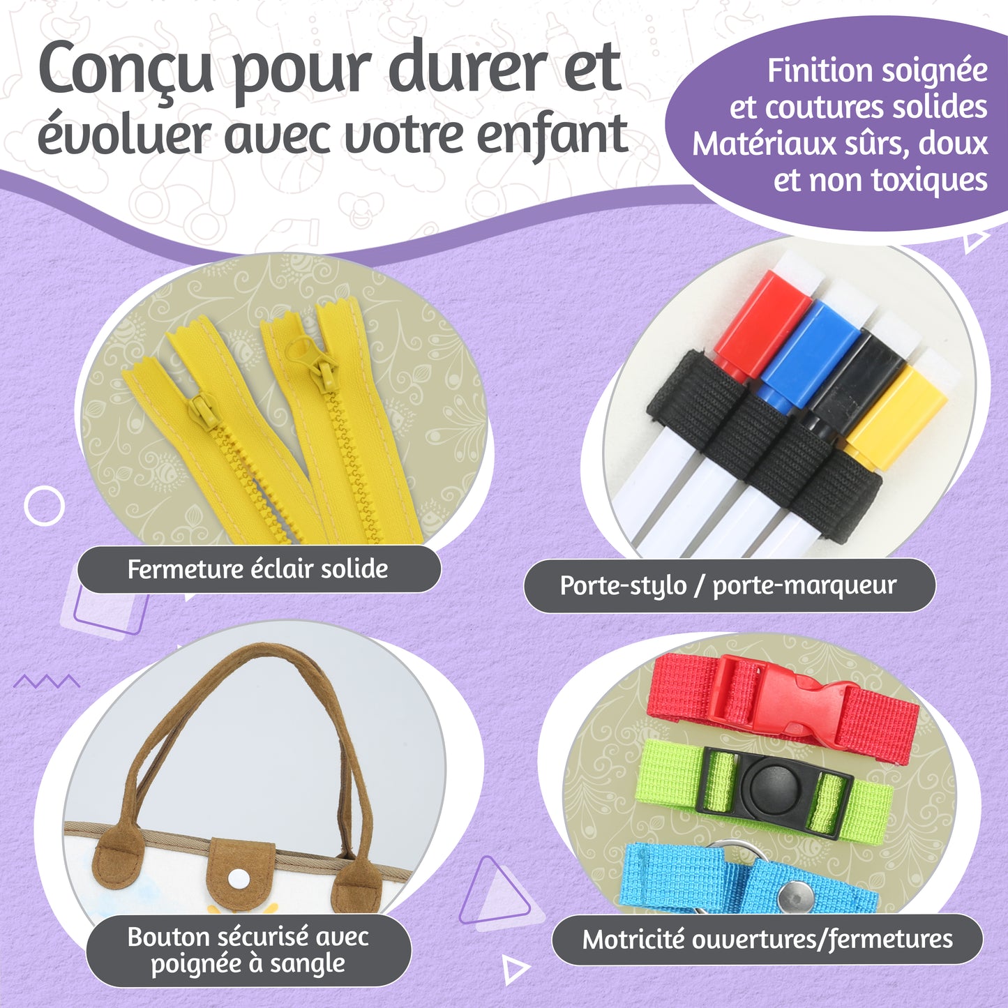 BusyBoard Montessori BETOTZ® – Livre d'Activités Éducatif 10 Pages – Éveil Sensoriel & Autonomie – 2 à 6 Ans – Compagnon de Voyage Silencieux