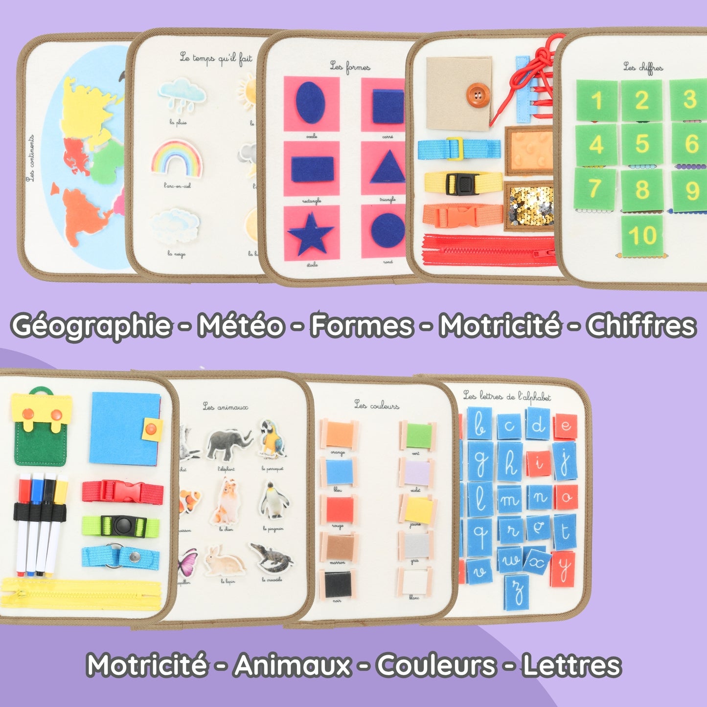 BusyBoard Montessori BETOTZ® – Livre d'Activités Éducatif 10 Pages – Éveil Sensoriel & Autonomie – 2 à 6 Ans – Compagnon de Voyage Silencieux