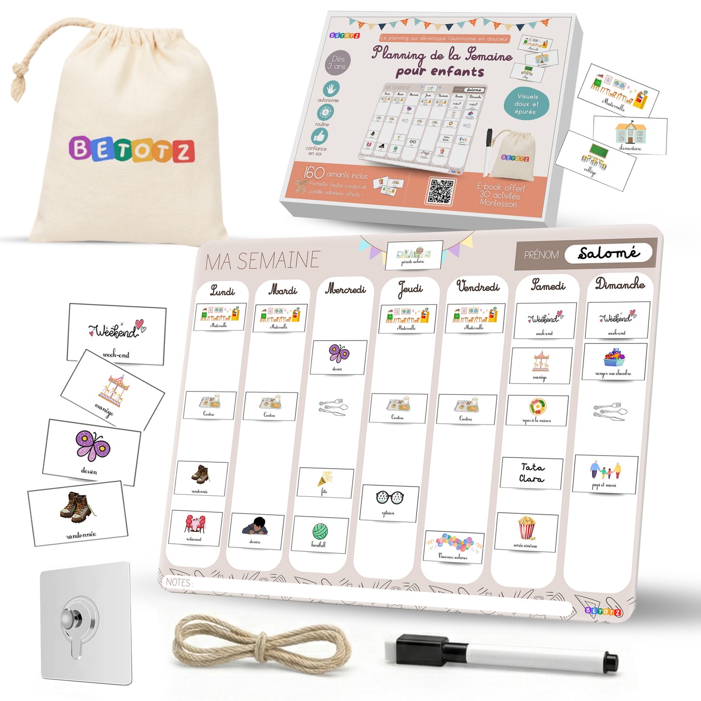Semainier Enfant Magnétique BETOTZ® – 160 Aimants – Planning Semaine Montessori – Routine & Autonomie Dès 3 Ans