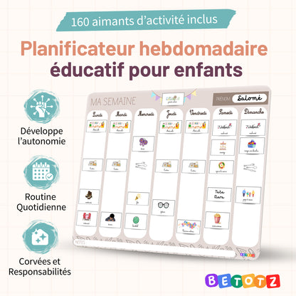 Semainier Enfant Magnétique BETOTZ® – 160 Aimants – Planning Semaine Montessori – Routine & Autonomie Dès 3 Ans