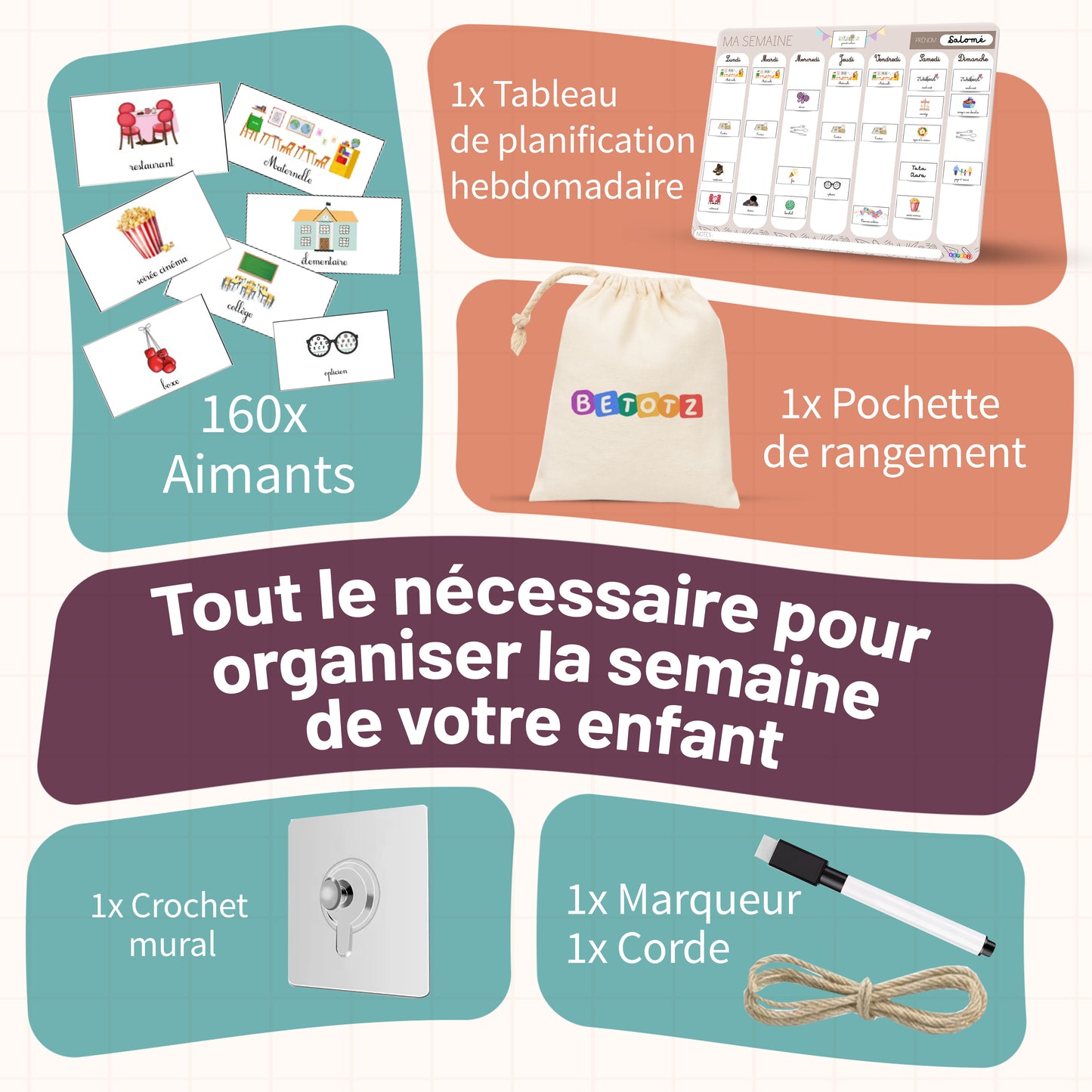 Semainier Enfant Magnétique BETOTZ® – 160 Aimants – Planning Semaine Montessori – Routine & Autonomie Dès 3 Ans